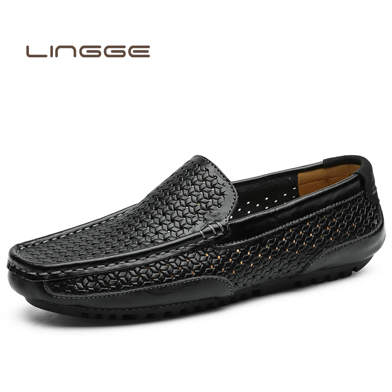 

LINGGE Summer Genuine Leather Moccasin Shoes Men Casual shoes High Quality Driving Men Shoe Hollow Comfortable Flat Loafer shoes