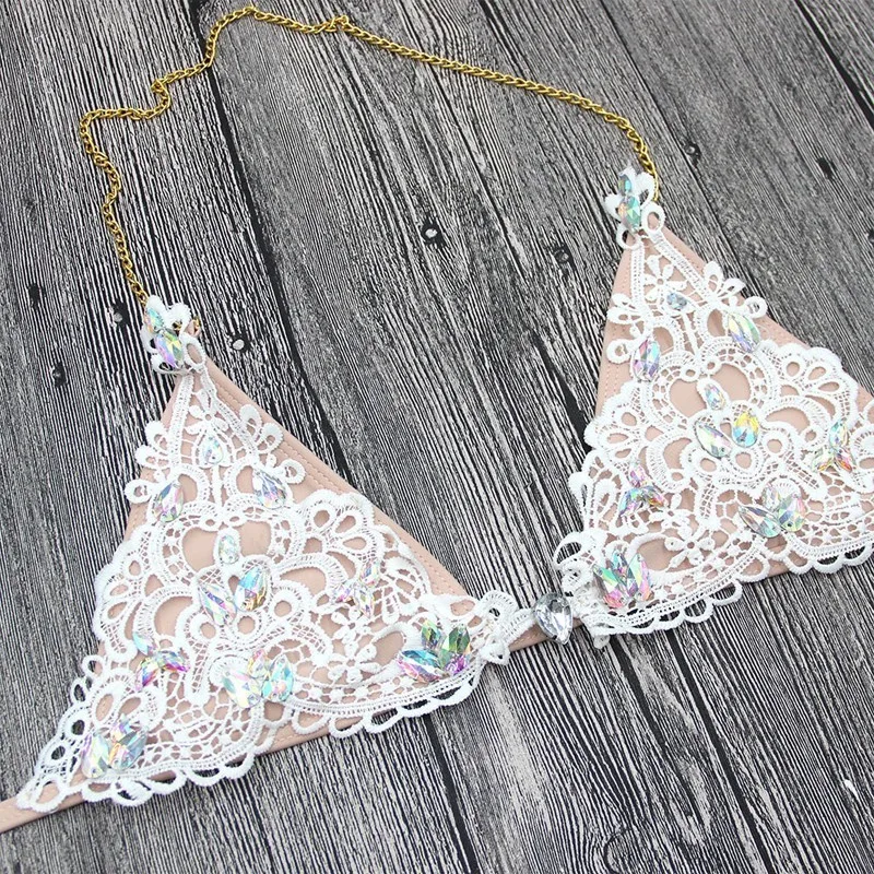 pfflook New Designs Secret Diamond Crystal White Lace patchwork Bikini Set Swimwear Brand Women Swimsuit Biquini Bathing Suit