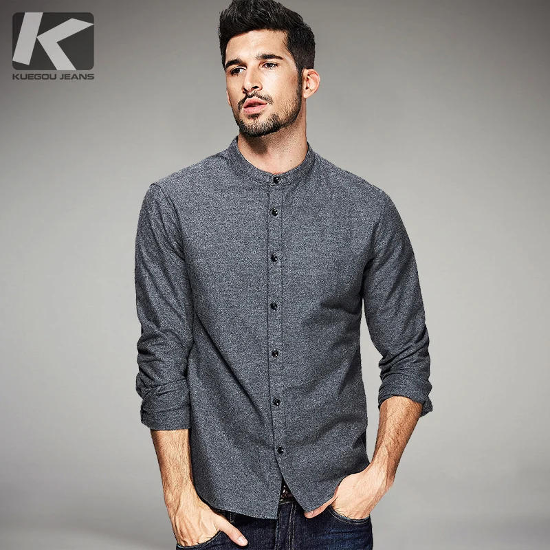 

KUEGOU New Spring Mens Casual Shirts 100% Cotton Gray Color Brand Clothing Man's Wear Long Sleeve Slim Clothes Male Tops 5869