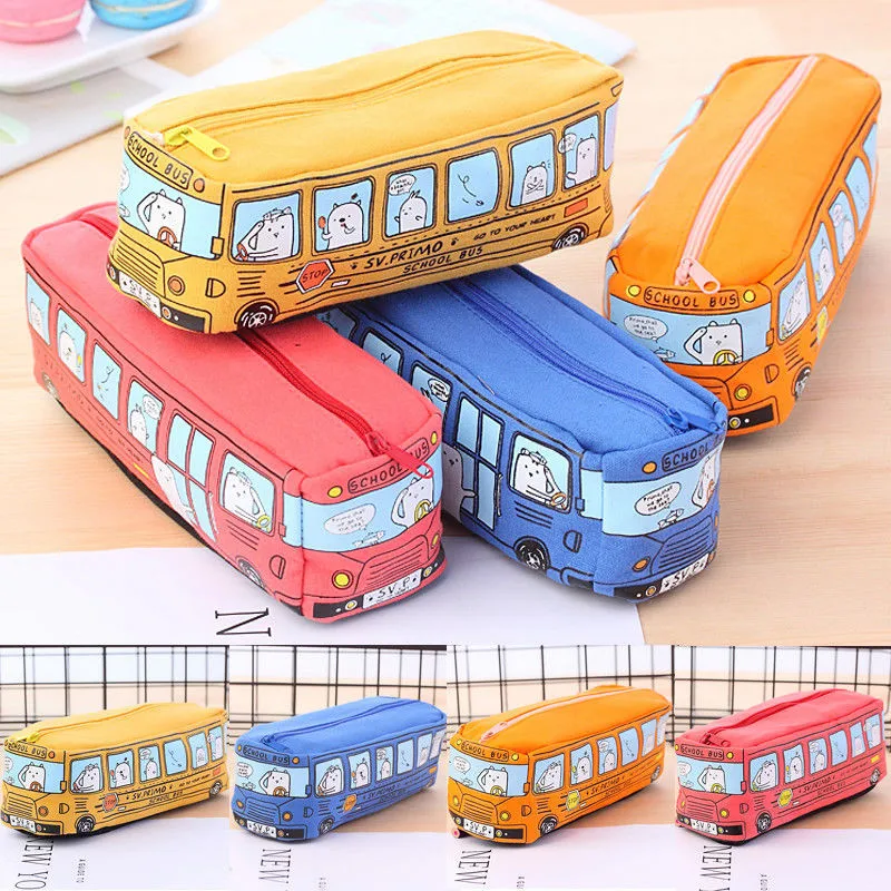

Cute Canvas Cosmetic Bus Wash Organizer Storage Bag Cartoon Stationery Pencil Case 1PCS