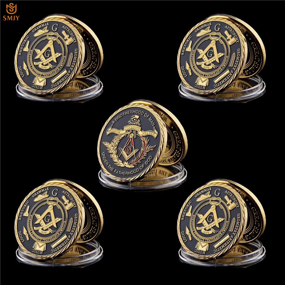 

5PCS World Freemasonry Masonic Brothers Cultural Belief Gold Commemorative Coin Token Collection