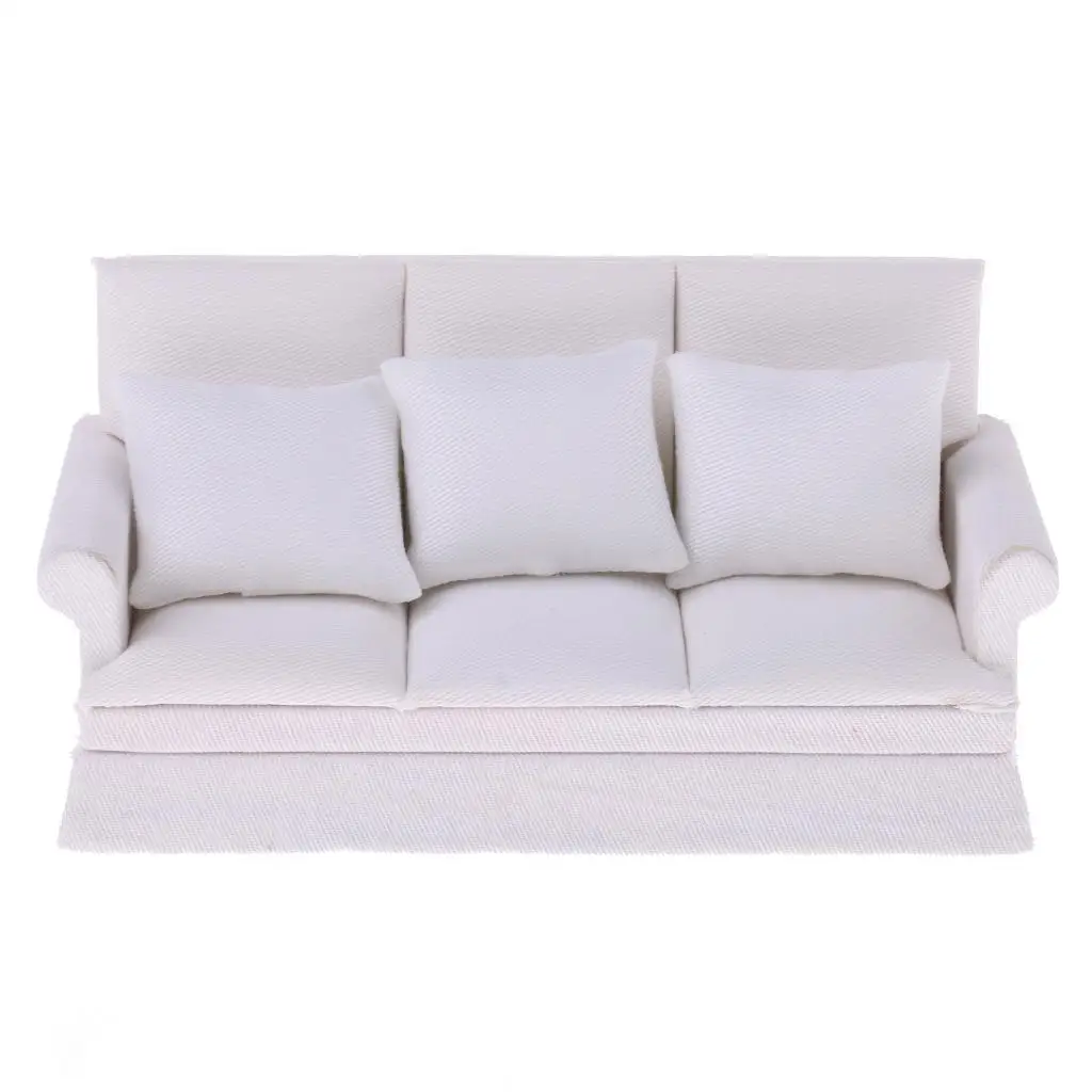 

1:12 Dollhouse Miniature Furniture Three-Seater Couch Sofa Pillow Set White