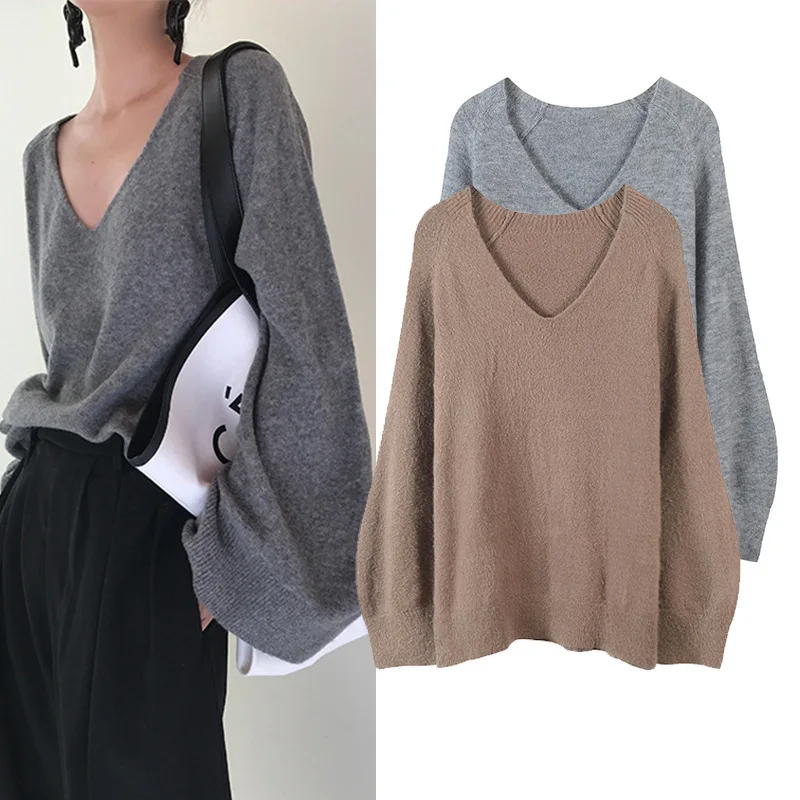 

LANMREM 2018 New Fashion V Collar Loose Large Size Pullovers Sweater Female's Long Sleeve Casual Knit Tops Vestido YF488