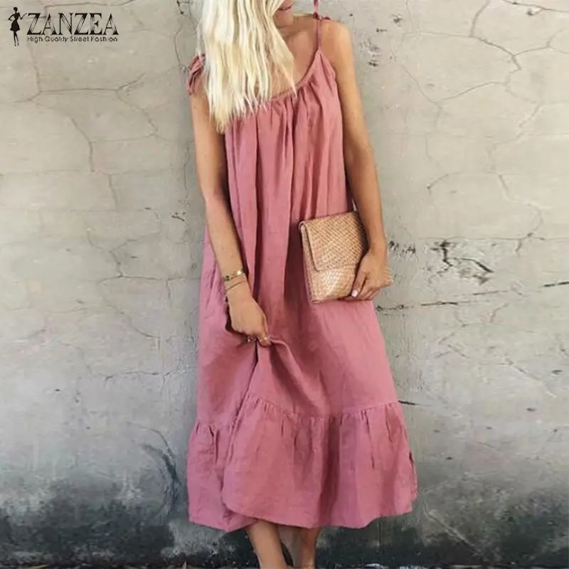 

2019 ZANZEA Summer Spaghetti Strap Ruffles Hem Dress Women's Cotton Linen Sundress Female Casual Beach Maxi Dress Femme Robe 5XL