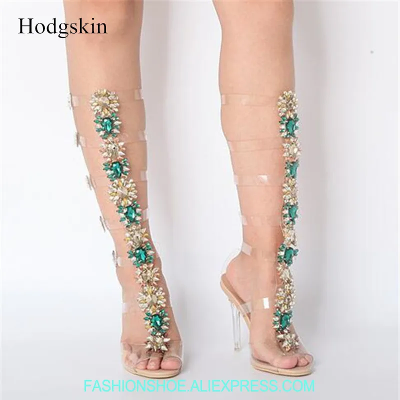 

New Diamond Crystal Clear PVC Transparent Women Sandals High Heels Buckles Knee High Sandals Boots Gladtior Sandals Summer Boots