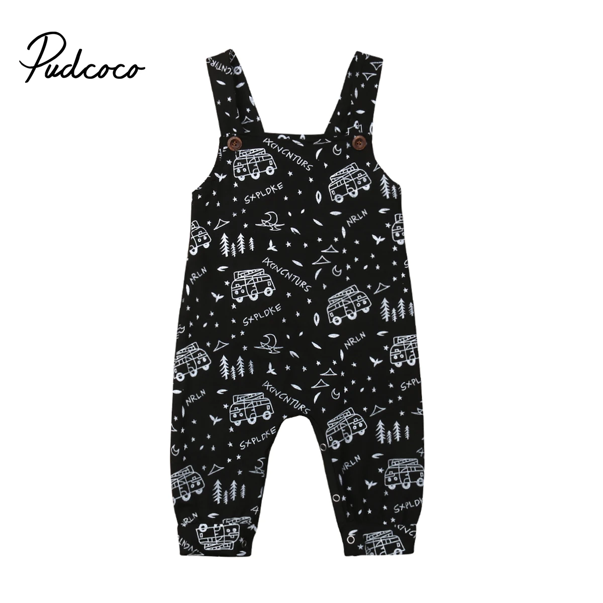 

2019 Brand New 1-6Y Toddler Kids Baby Girls Boys Overall Outfits Romper Sleeveless Cartoon Print Cotton Black Jumpsuits Clothes