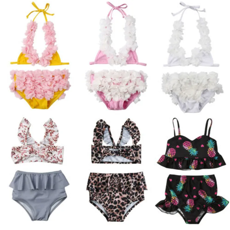 Baby Girl Swimsuit Sunflower Leopard Print Ruffle Tassels Halter Bikini Set Bathing Suit Summer Beachwear Outfits
