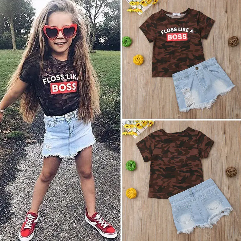 

Pudcoco Girl Set 1Y-6Y Lovely Kids Baby Girls Camo Tops T-shirt Denim Skirt Outfits Clothes Set