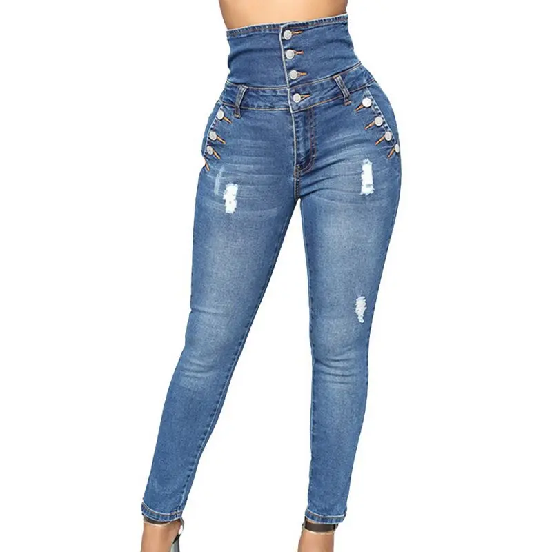 Новый для женщин стрейч джинсы для кнопка высокая талия джинсовые узкие брюки плюс размеры пикантные женские узкие