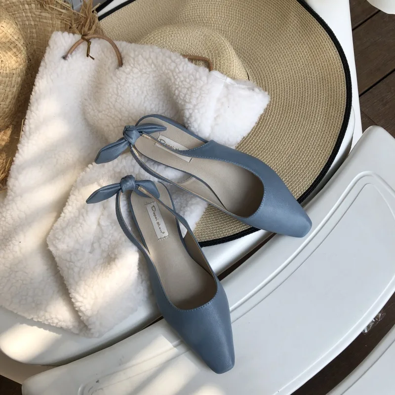 

Women Leather Shoes Low Heel Lady Sandals with Bow on Back Spring Summer OL Lady Working Shoes Slip on Point Head Concise Style