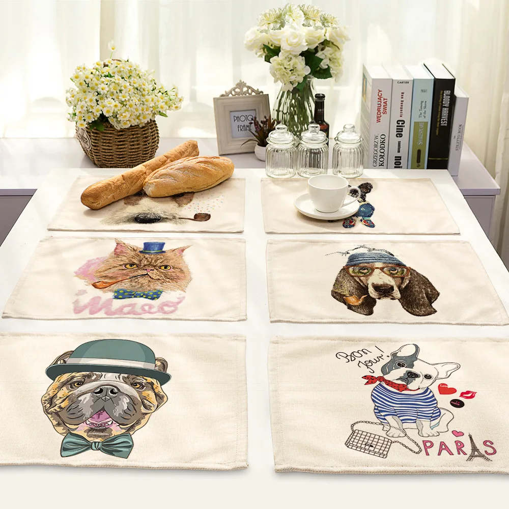 

Cartoon Dog Table Mat Rectangle Linen Table Mats for Dining Table Manteles Individuales Kitchen Accessories Decoration Home