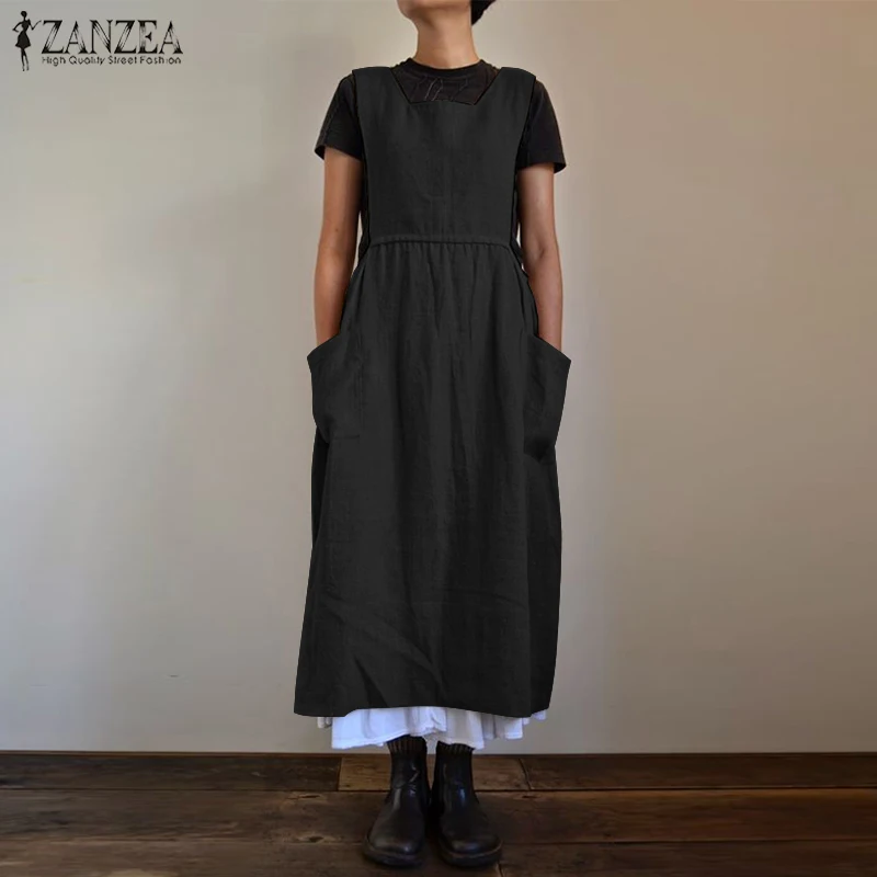 Размера плюс ZANZEA летнее женское платье без рукавов из хлопка и льна Плиссированное Длинное Макси платье-комбинезон Сарафан женский кафтан