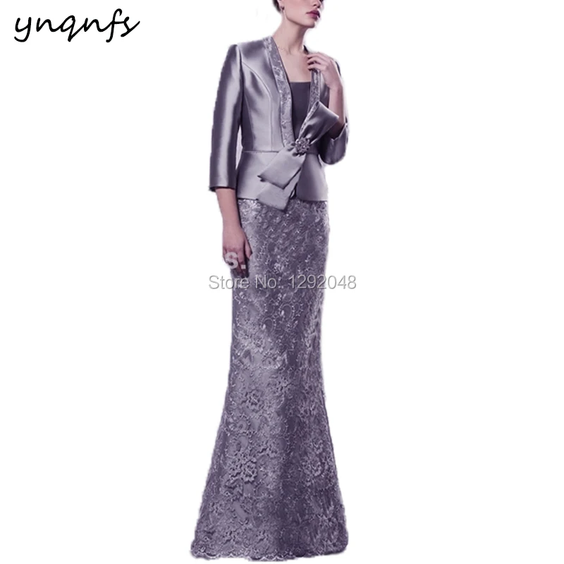 Ynqnfs M181 Two Piece Lace Gray Long Mother Of The Bride Groom