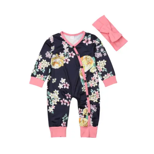 

2Pcs Baby Girl Flower Romper Floral Print Cotton Soft Infant Jumpsuit+Headband Outfits Long Sleeve Princess Button Rompers New