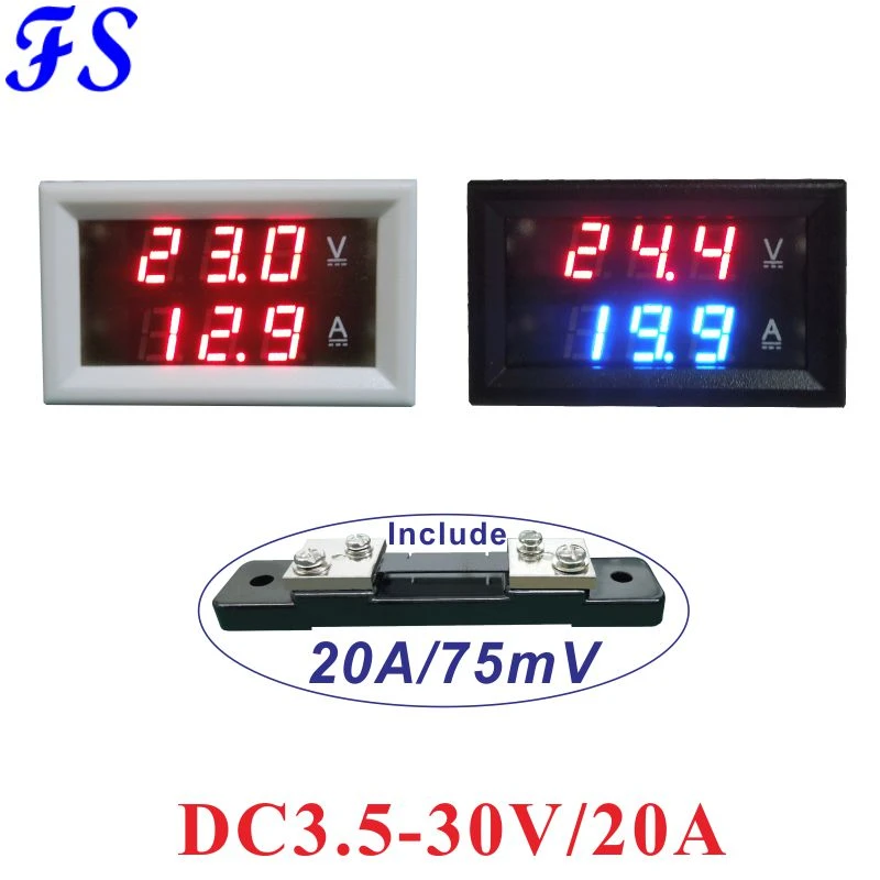 DC 30V 20A Red-Blue LCD Digital Amp Voltage Meter with Built-in Shunt