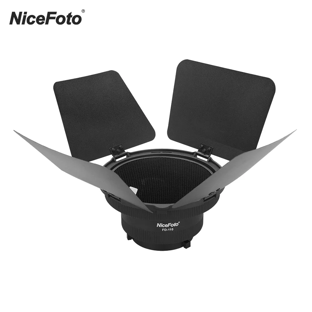 

NiceFoto FD-110 Fresnel Mount Light Focusing Adapter with Lights Honeycomb Grids Barn Doors for Bowens Mount LED Video Light