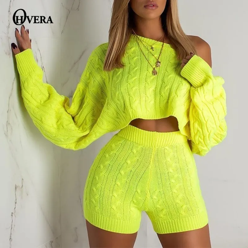 

Ohvera Sweater Two Piece Set Knitted Long Sleeve Crop Tops And Bodycon Shorts Suit Winter Sexy 2 Piece Set Women 2018 Outfits