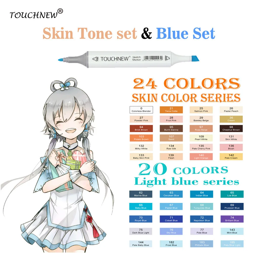 

TOUCHNEW 20/24Colors Skin Tone Marker Blue Set Sketch Markers Pen For Drawing Portrait Animation Blue color sea Art Supplies