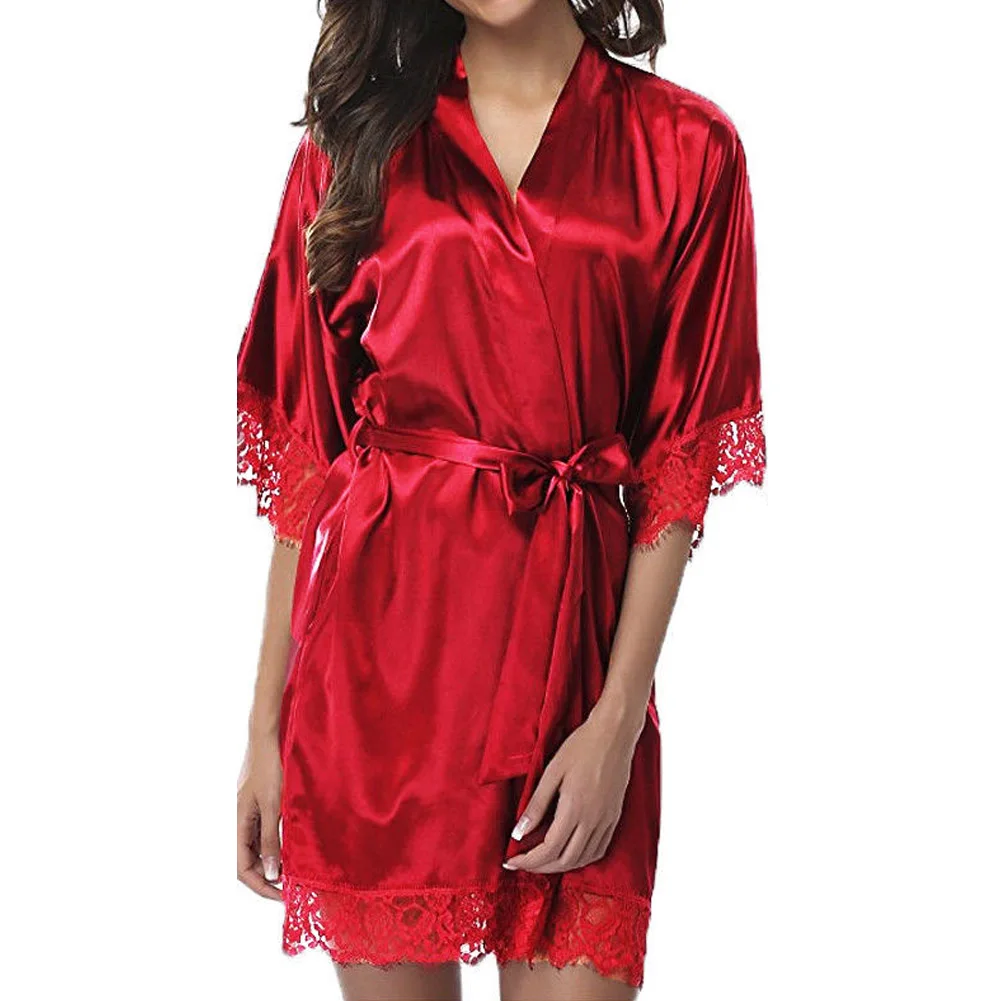 Fashion Women's Satin Silk Sleepwear Lingerie Night Wear Ladies Solid Lace Patchwork Bandage V-neck Nightgown Nightdress