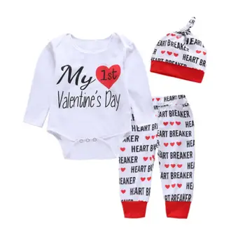 

My 1st Valentine's Day Newborn Baby Girls Boys 3PCS Sets Letter White Romper Jumpsuit+Pants+Hats Clothes