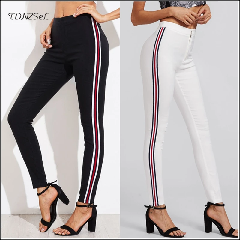 

Summer Black White Elastic Casual Pencil Pants Slacks For Women Side Striped Mid Waist Skinny Stretch Leggings 2019 Slim Trouser