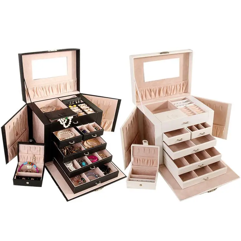 Caja de almacenamiento de joyería de gran capacidad de 5 capas de cuero multifuncional cosméticos mujeres joyería anillo collar pendiente caja de almacenamiento - 6