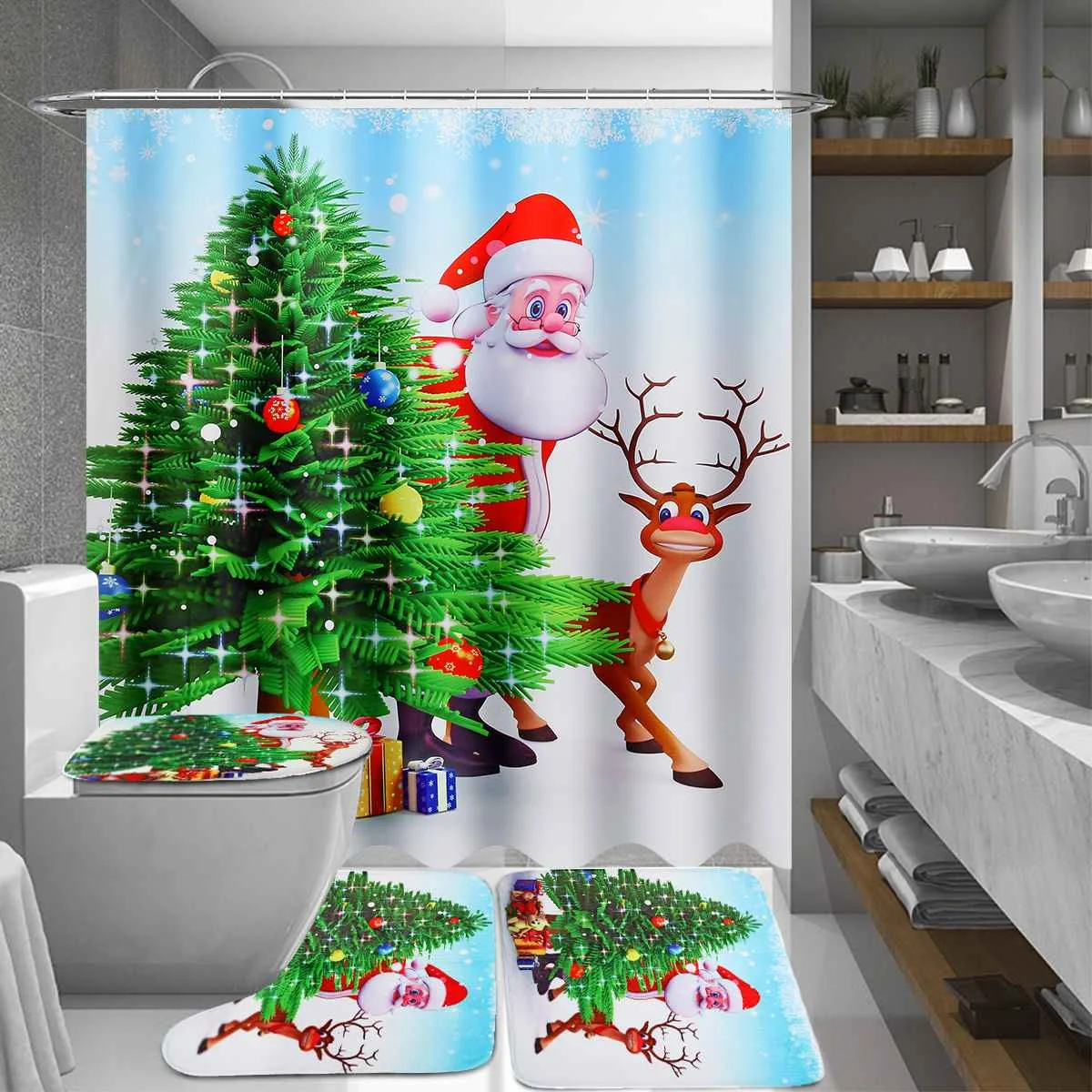 

NEW 1PC Santa Claus And Elk 3D Printing Bathroom Shower Curtain And 3PCS Toilet Cover Mat Non-Slip