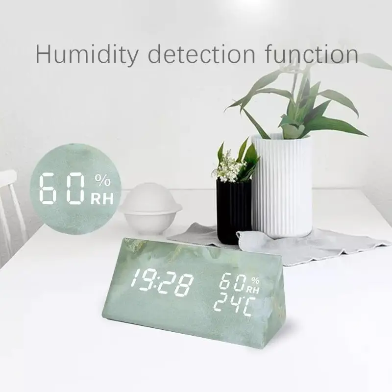 

Multicolor Marbling Voice Control Alarm Clock Digital LED Desk Thermometer Hygrometer Calendar USB Timer Calendar