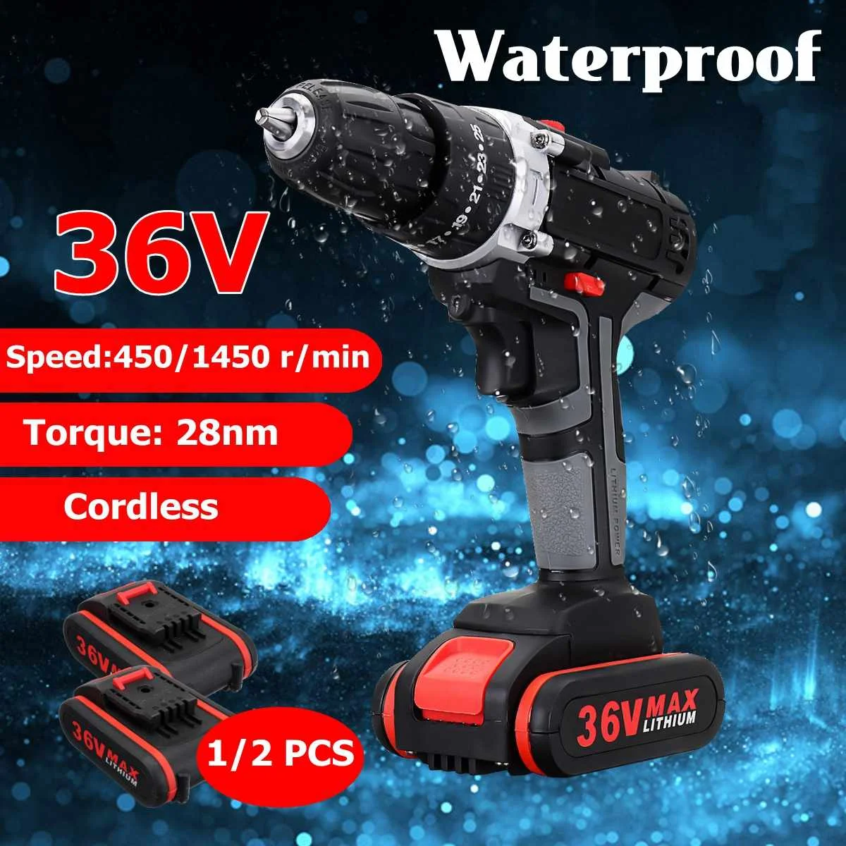 

36V Cordless Electric Drill 450/1450r/min 5000mAh 1/2 Li-ion Rechargeable Battery 2 Speed Adjustment Brushless Drill Screwdriver