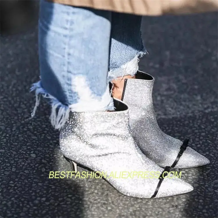

New Ins Hot Shoes Woman Spring Ankle Boots Pointed Toe Med Heels Bling Crystal Booties Designer Woman Leather Short Boots
