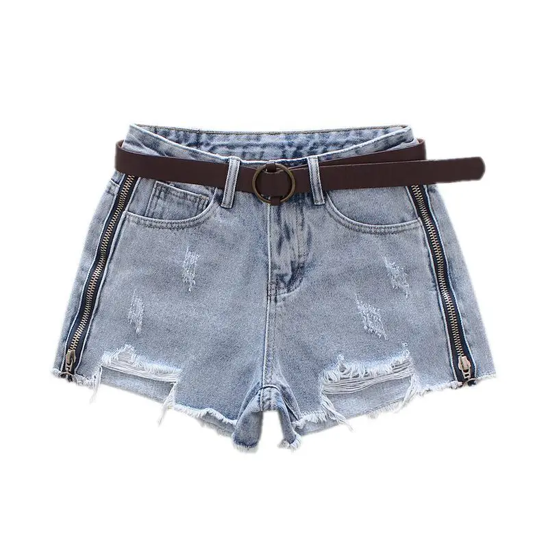 

2019 Summer New Fashion Blue Side Zipper Denim Shorts Women's Ripped Holes Jeans Female High Waist Cowboy Short Feminino