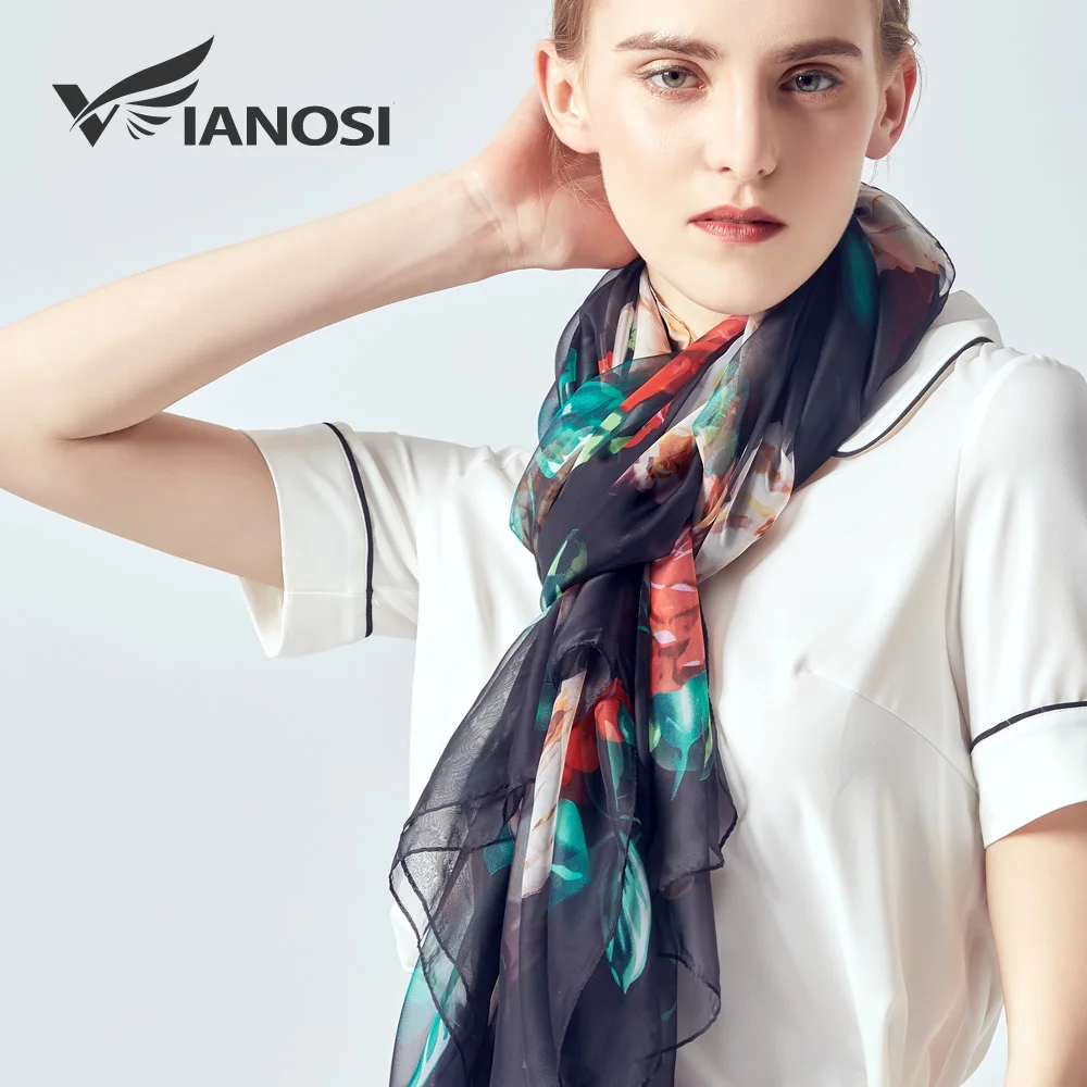 

[VIANOSI] Stylish spring/summer silk scarf soft shawls high quality black kerchief beach long bandana women