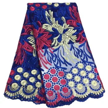 

Royal blue-fushia-white color pattern with stones and beads Tulle Lace FC94 Free Shipping wholesale price French Lace Fabric