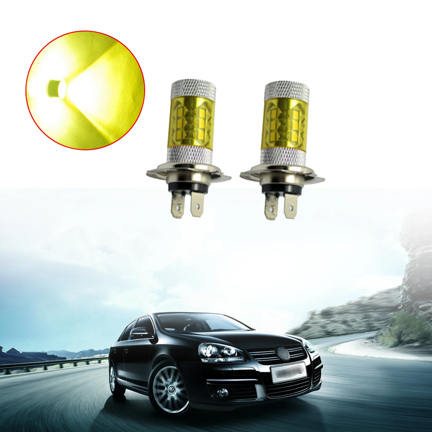 

2pcs H7 80W 1400LM High Power 4300K 360 Degrees Yellow 2323 LED Car Fog Driving Lights Universal