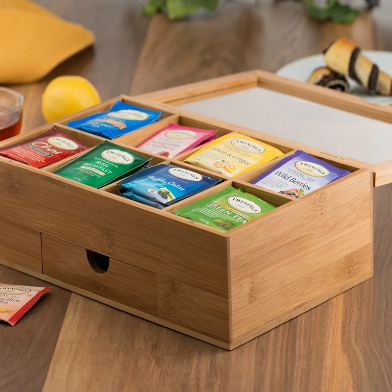 

Tea Organizer Bamboo Tea Box with Small Drawer 100% Natural Bamboo Tea Chest - Great Gift Idea