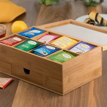 

Tea Organizer Bamboo Tea Box with Small Drawer 100% Natural Bamboo Tea Chest - Great Gift Idea