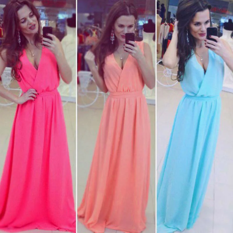 2XL Plus Size Dresses New Women's Clothing Beach Bohemian Floor Length Long Dress Tie Waist Sleeveless V-neck Chiffon Dress Belt