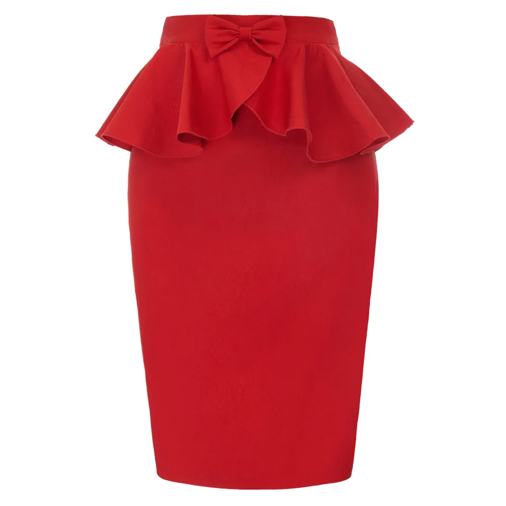 

New Women Front Bow Tie High Waist Peplum Frill Wiggle Pencil Bodycon Midi Skirt