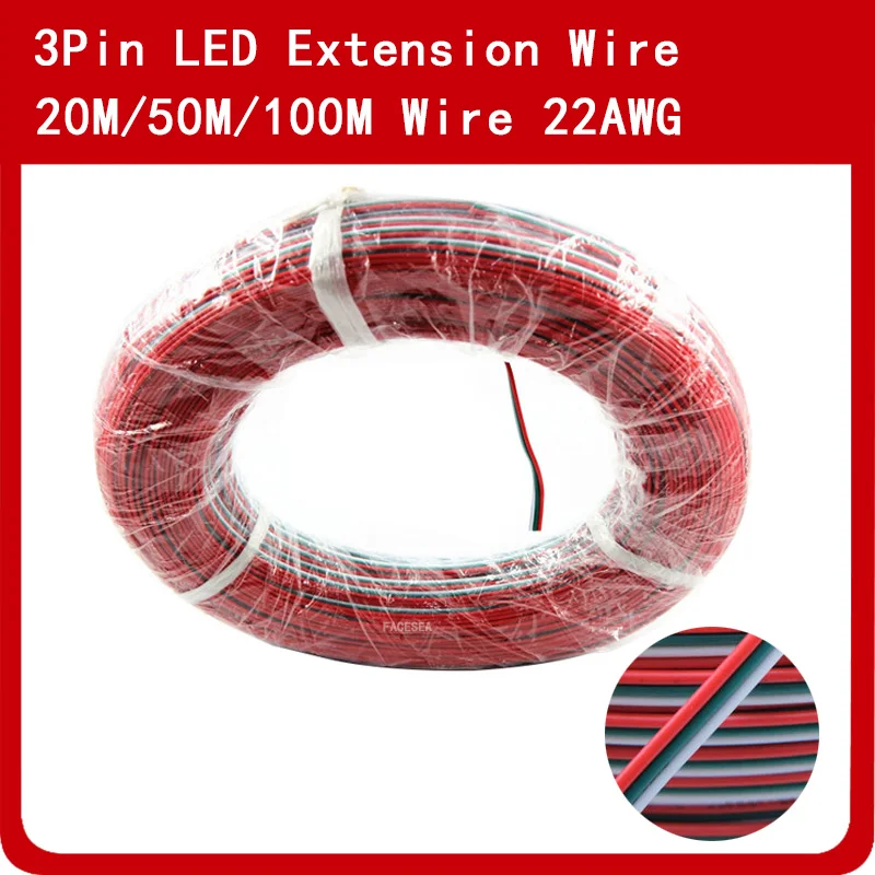20 м 50 м 100 м 3pin Электрический провод в оплетке из ПВХ, луженая медь Удлинитель электрический кабель Разъем 22AWG провод шнур для светодиодной ленты