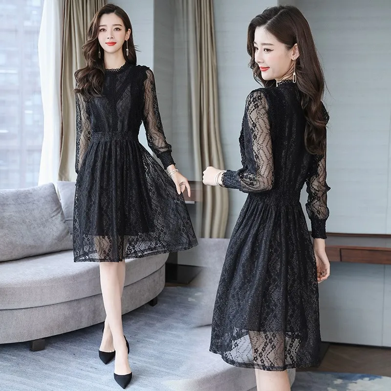 

2019 Women Long Sleeve Lace Dress Plus Size Elegant Solid A-Line Dress Lace Black White Casual Dress