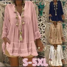 S-5XL Plus Size Women Loose Blouses 2019 Summer Solid Lace Patchwork Chiffon V-Neck Shirts Causal Female Vintage Oversized Tops