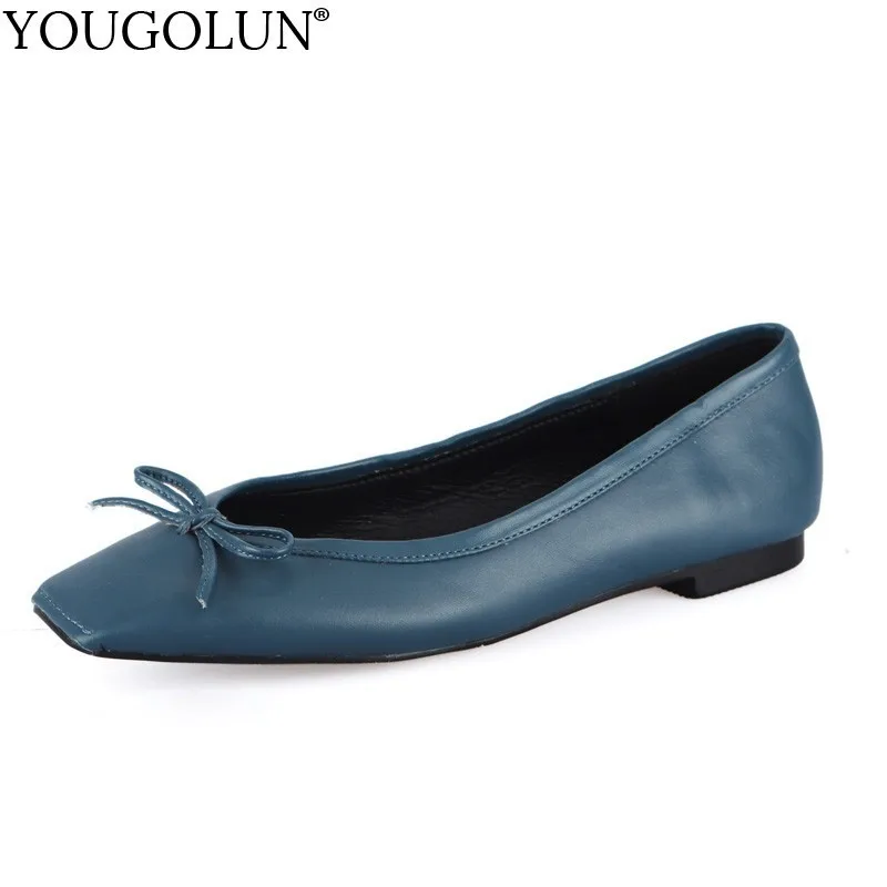 

Women Bow Loafers Genuine Leather Flat Shoes Spring New 2019 Ladies Square Toe Casual Flats Woman Black Blue Pink Shallow A139