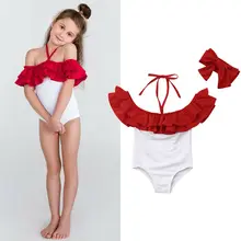 Детский купальный костюм для маленьких девочек, красный купальник на одно плечо, пляжная одежда и повязка на голову для маленьких девочек, лето