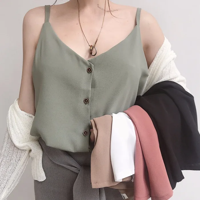 

Summer Woman 2019 Solid Color Camisole V-neck Buttons Chiffon Camis Summer Tank Tops