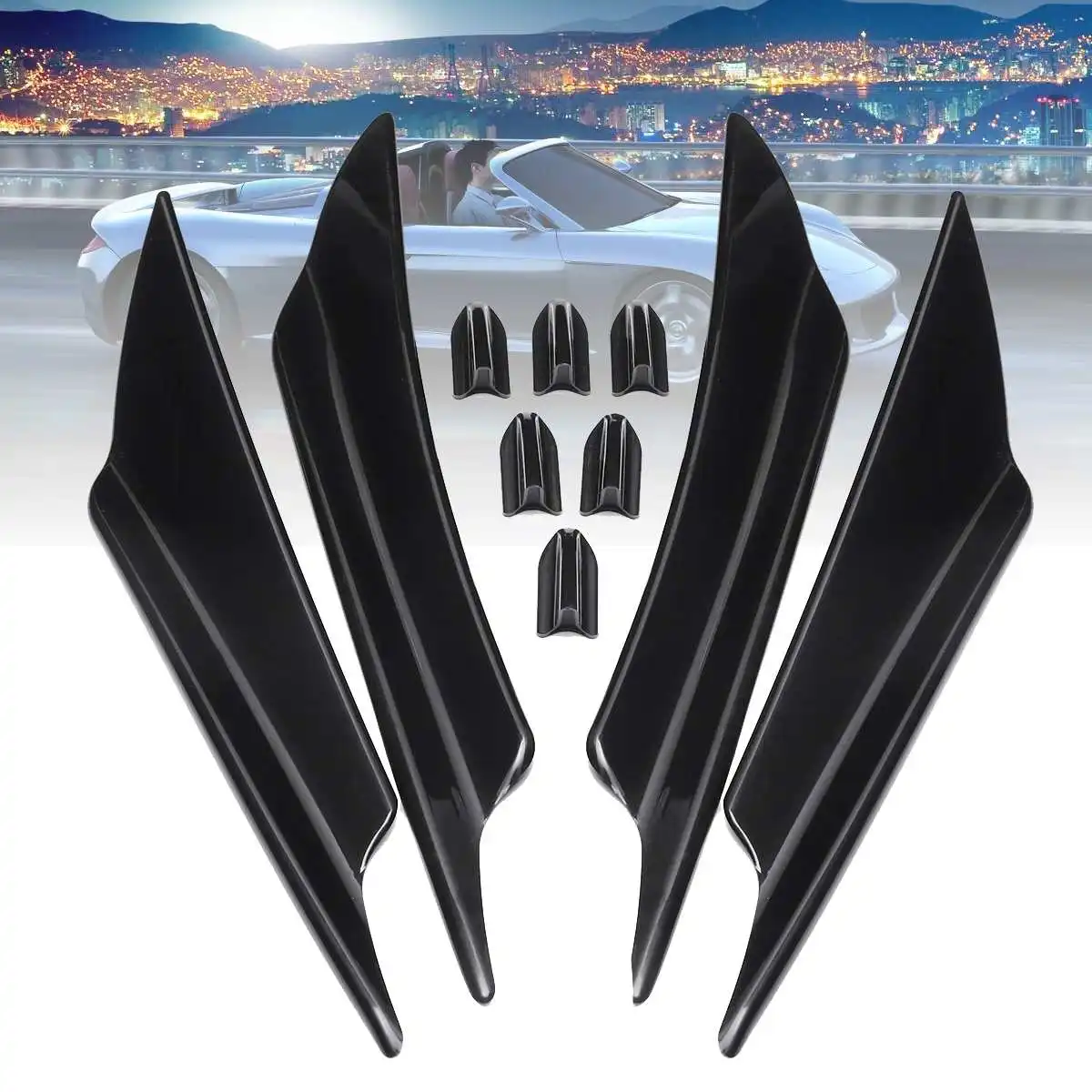 2Pairs Front Bumper Lip Canards Splitters 6 Shark Fin Antenna Cover Trim Spoiler Wing Universal