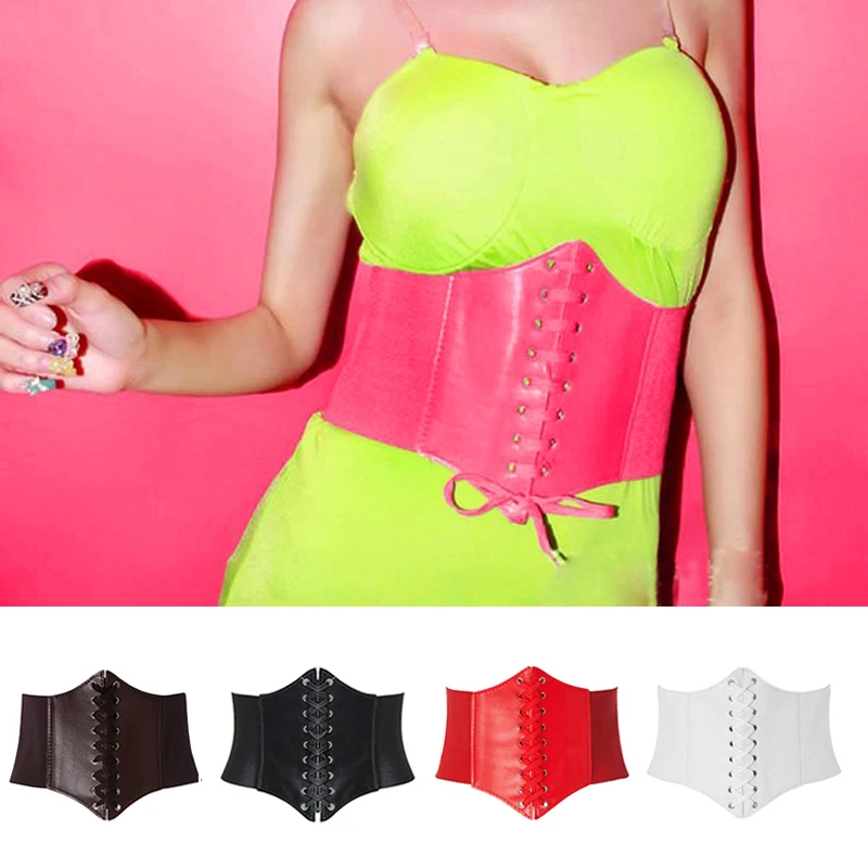 Sexy Women Corset Belt PU Leather Splice Lace-Up Elastic Cincher Wide Waistband Waist Strap Harajuku Accessories Wide Belts Lady