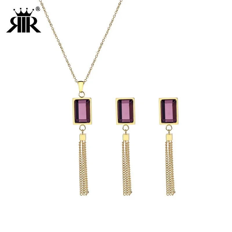 

RIR Purple Crystal Pillar African Women Jewelry Sets Gem Tassel Pendant Necklace Earrings Set For Bridal Women