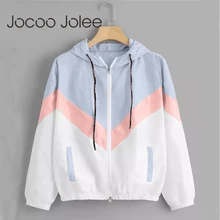 Jocoo Jolee, модная ветровка с капюшоном, куртка в стиле пэчворк, куртки для женщин, цветная куртка на молнии, осень, повседневные пальто, верхняя одежда