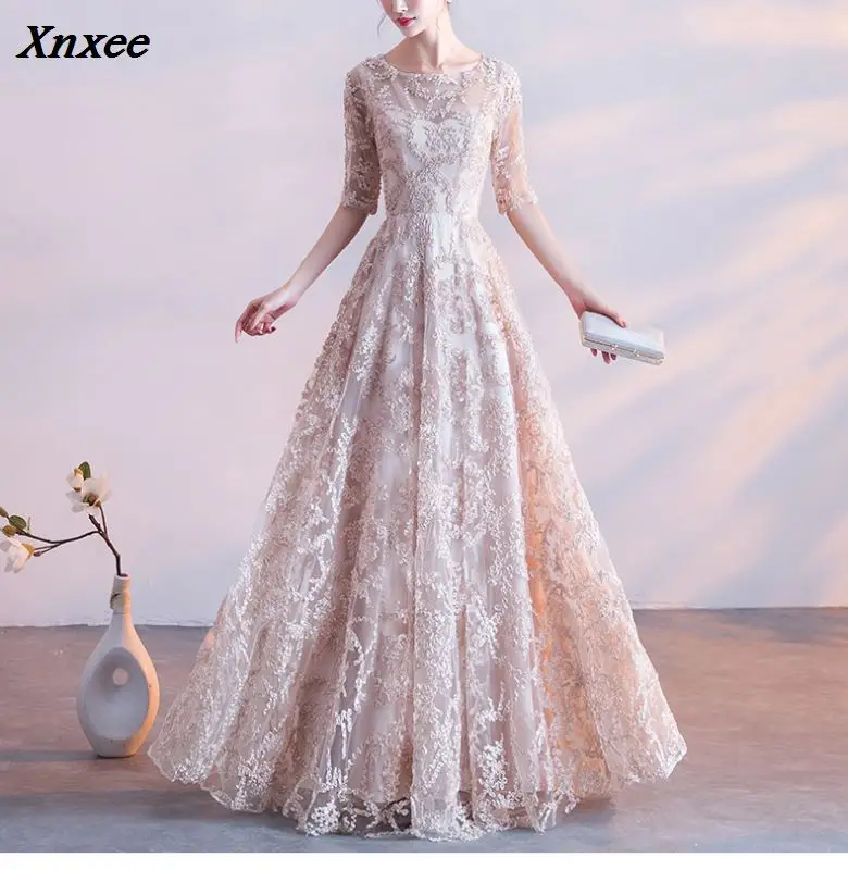 

Xnxee Half Sleeves Appliques O-neck Elegant Tulle Flower Zipper Luxury Party Formal Dress Floor Length ess Xnxee