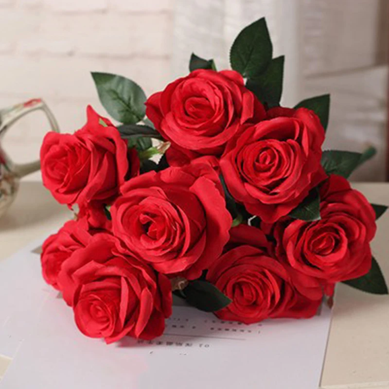 

Large-9-HEADS Artificial Rose Silk Flowers Fake Floral Valentines Wedding Decors